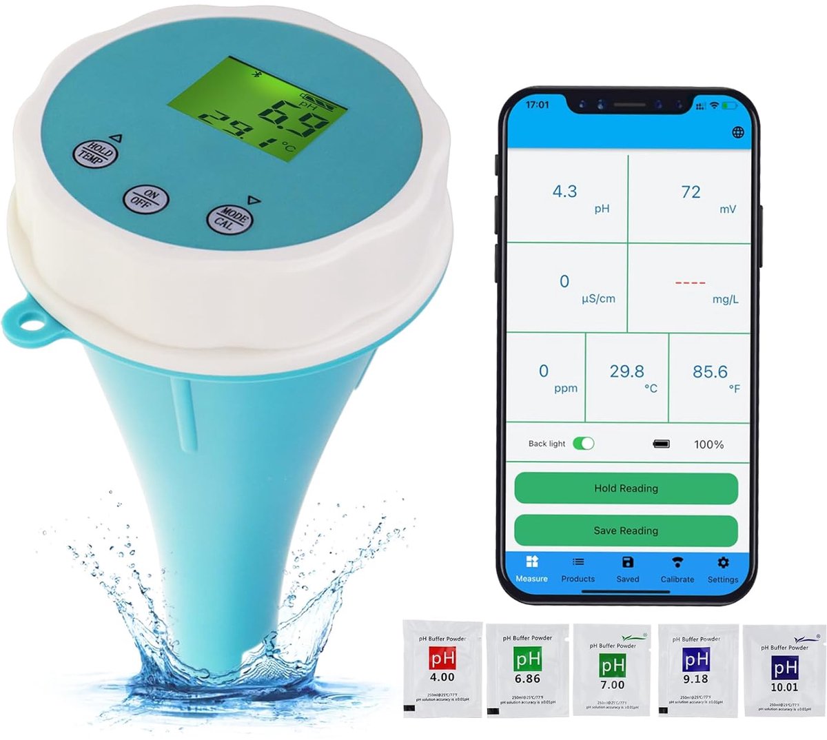 SnelShoppen - 6-in-1 Bluetooth Zwembad Water Tester - EC/Salinity/pH/ORP/Temperatuur/Chloor Meter - Draadloze Slimme Monitor voor Zwembaden & Spas