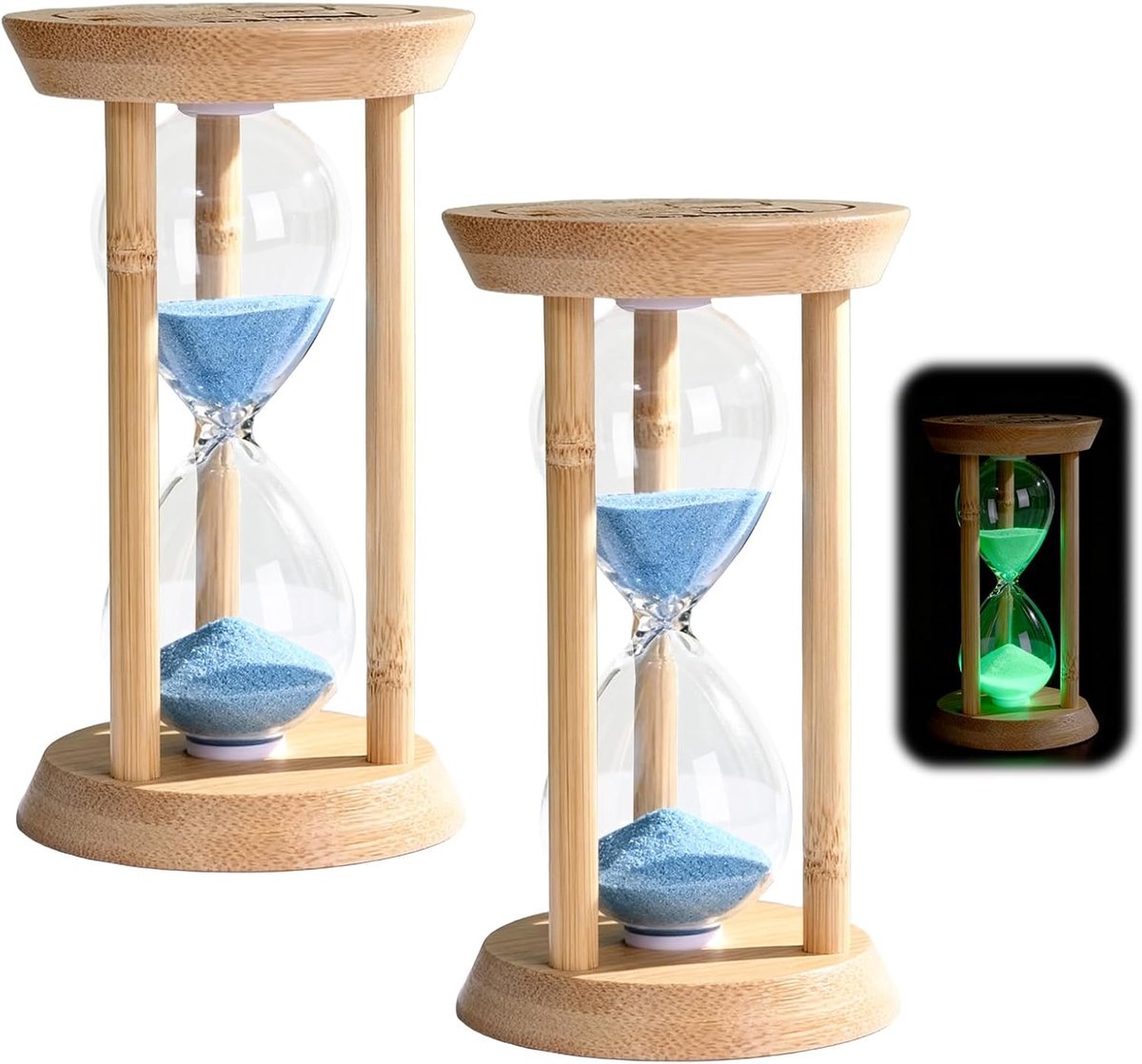 SnelShoppen - Luminous Uurglas voor Kinderen - 2 Stuks Kleurrijke Houten Uurglas 10/30 Minuten - Anti-Val Timer voor Tandenpoetsen, Spelletjes, Koken