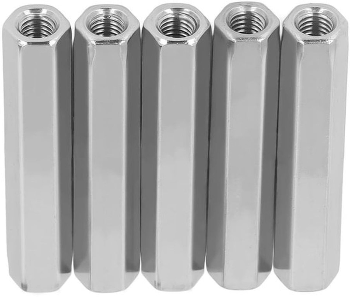 Koppelingsmoeren 5 stuks - Zeskantige Wartelmoer - Roestvrij Staal 304 - M8 x 1,25 - Buitendiameter 13 mm - Lengte 75 mm - Moeren