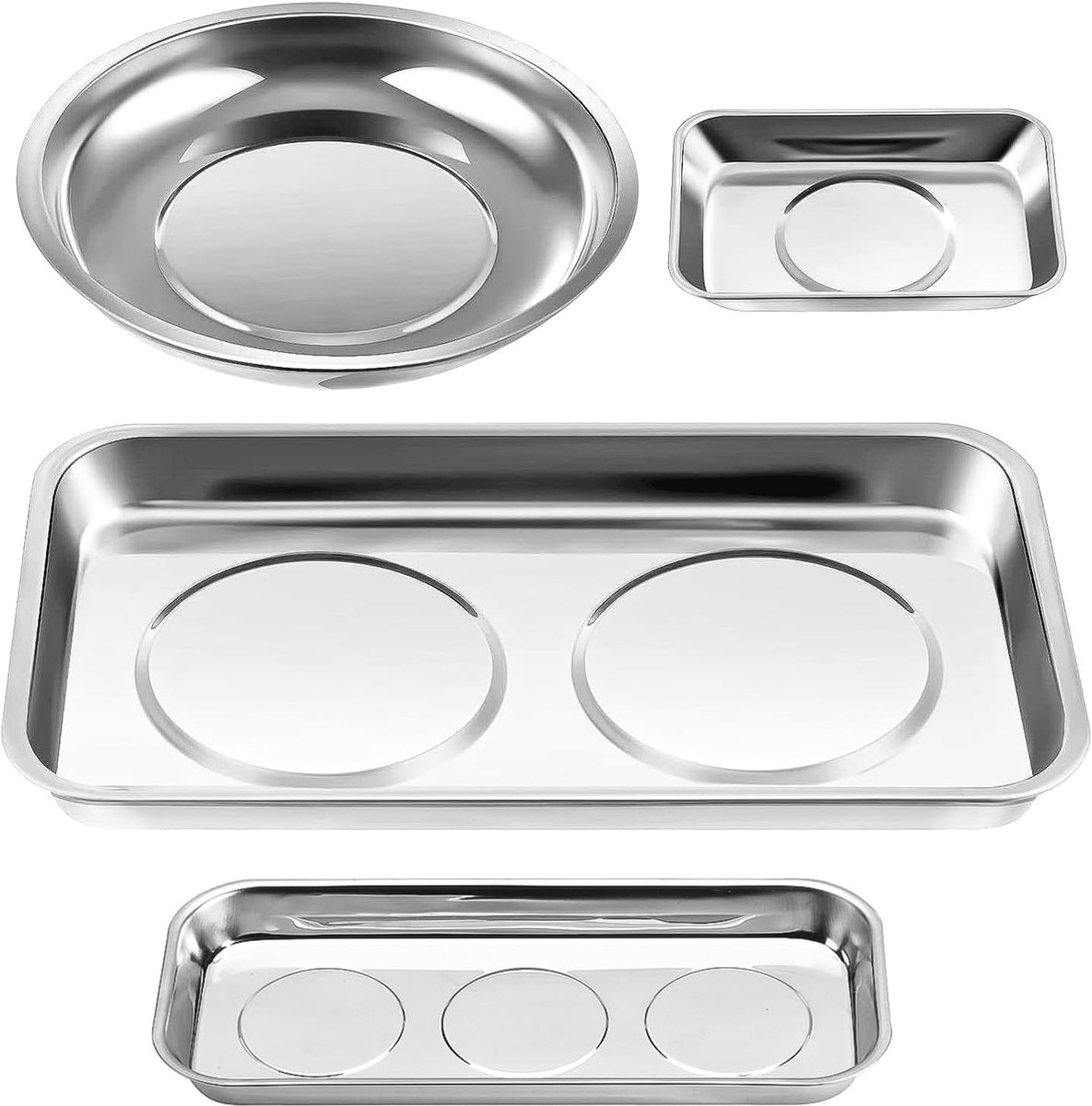 SnelShoppen - Magnetic Tray Set 4 Delig RVS, Magnetische Schalen voor Gereedschap, Schroeven, Boor en Spijkers - Rond en Rechthoekig
