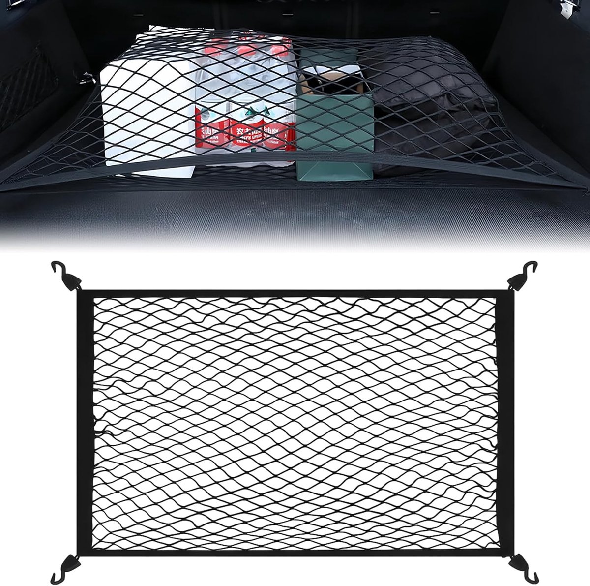 SnelShoppen - Luggage Net 60x40 cm - Elastisch Nylon Luchtvaartnet met 4 Haakjes - Verstelbare Opbergnet voor Bagage en SUV - Universeel Mesh Organize