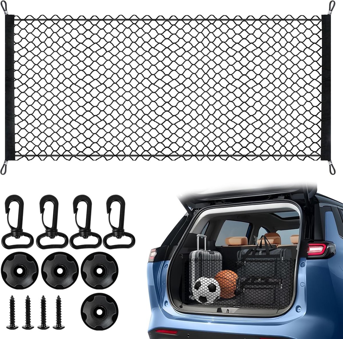 SnelShoppen - Car Boot Net Luggage Net 110 x 50 cm - Ultra Flexibel Auto Bagage Net met 4 Grote Haken - Uitrekbaar tot 150 x 100 cm voor Auto en Motor