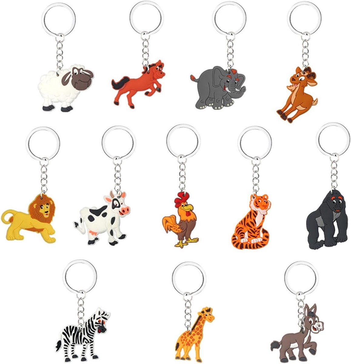 Siliconen Dieren Sleutelhangers Set van 12, Leuke Caricaturen, Originele Cadeaus voor Verjaardagen en Feestjes