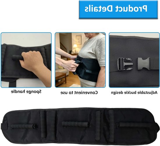Antislip wandelriem met 7 handgrepen voor ouderen, transferhulp en verzorging, ideaal voor ambulante ondersteuning (zwart) — afbeelding 2