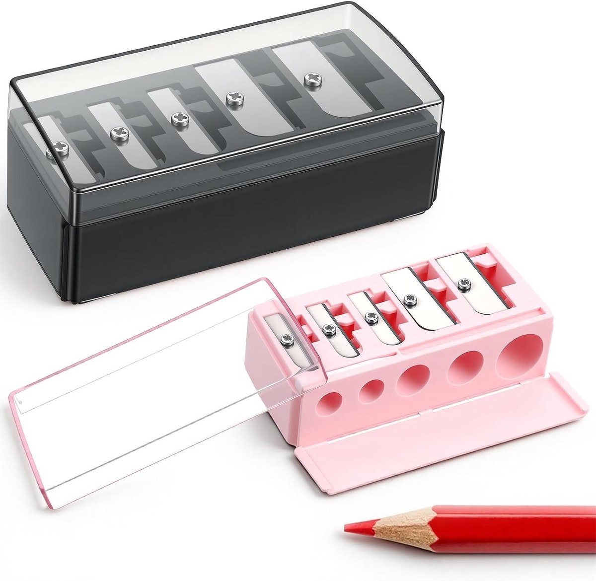 Oogpuntenslijper voor vrouwen, 5-gaats lange puntenslijper voor make-up, ideaal voor eyeliner en lipliner (zwart+roze)