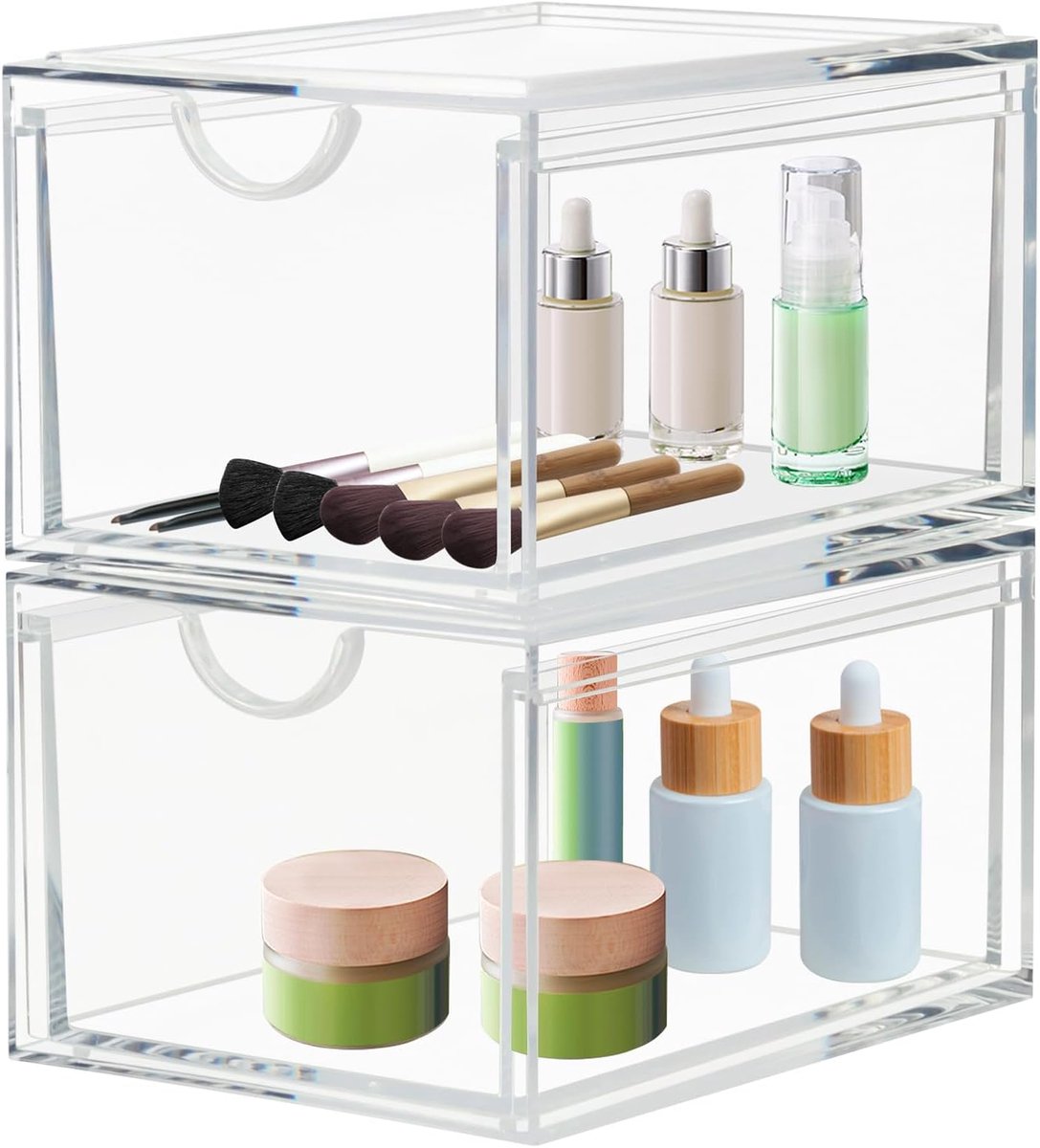 SnelShoppen - 2-Pack Stapelbare Cosmetische Organizer, Duidelijke Acryl Make-up Opbergbakken, Plastic Opslagcontainers voor Badkamer, Slaapkamer en Ke