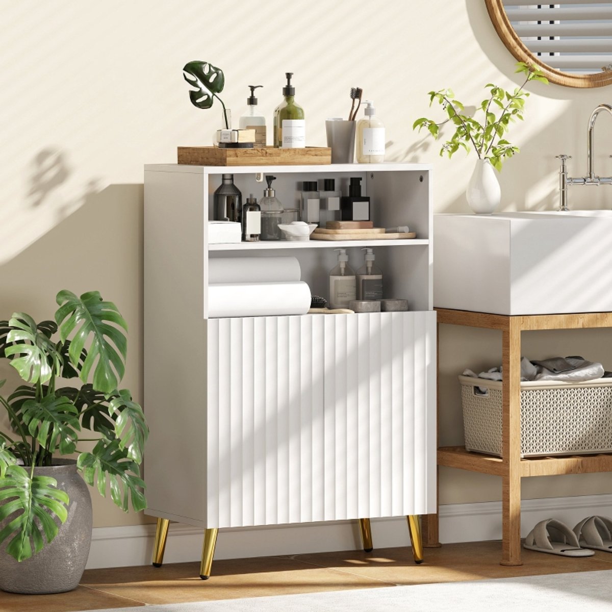 COVREO Badkamerkast 60x31,8x93 cm - wit MDF, 2 open vakken, soft-close deuren