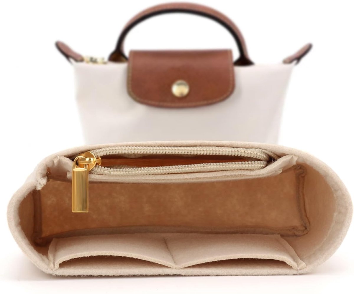 SnelShoppen - Handbag Organizer Insert Beige voor Longchamp Le Pliage Mini - Multifunctionele Tas Organizer van Hoogwaardige Vilt - 16cm x 5cm
