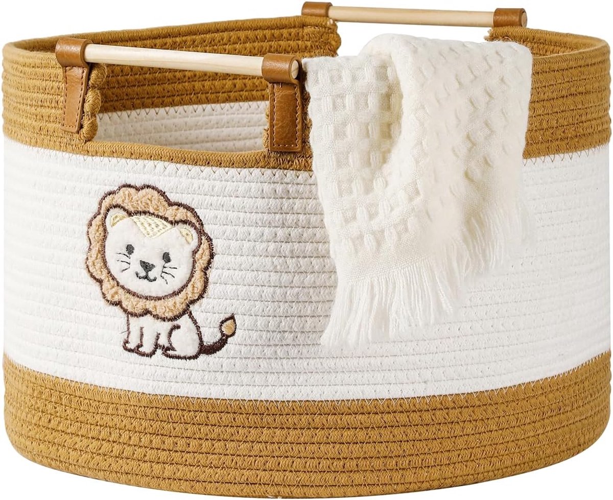 SnelShoppen - Grote Opbergmand 35L Katoenen Touw Mand met Houten Handvatten voor Kinderkamers, Speelgoedopslag, Wasmand, Baby Mand, Leeuw Design
