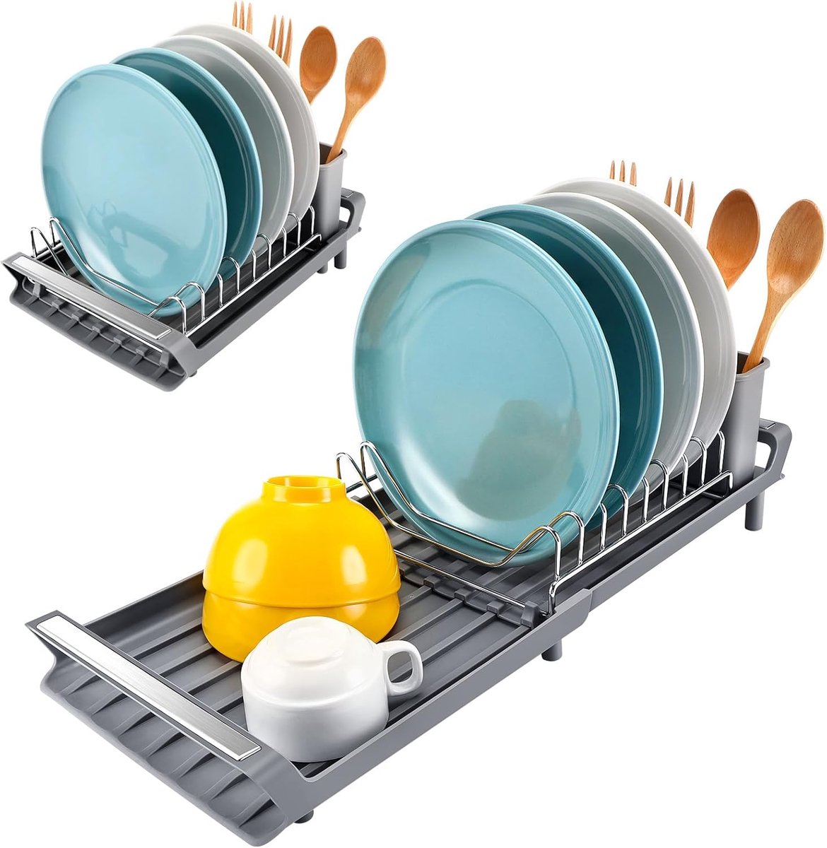 SnelShoppen - Uitbreidbare Afwasrek 28-47 cm | Compact met RVS Bestekhouder en Overtollige Wateropvangbak - Grijs Keukenaccessoire