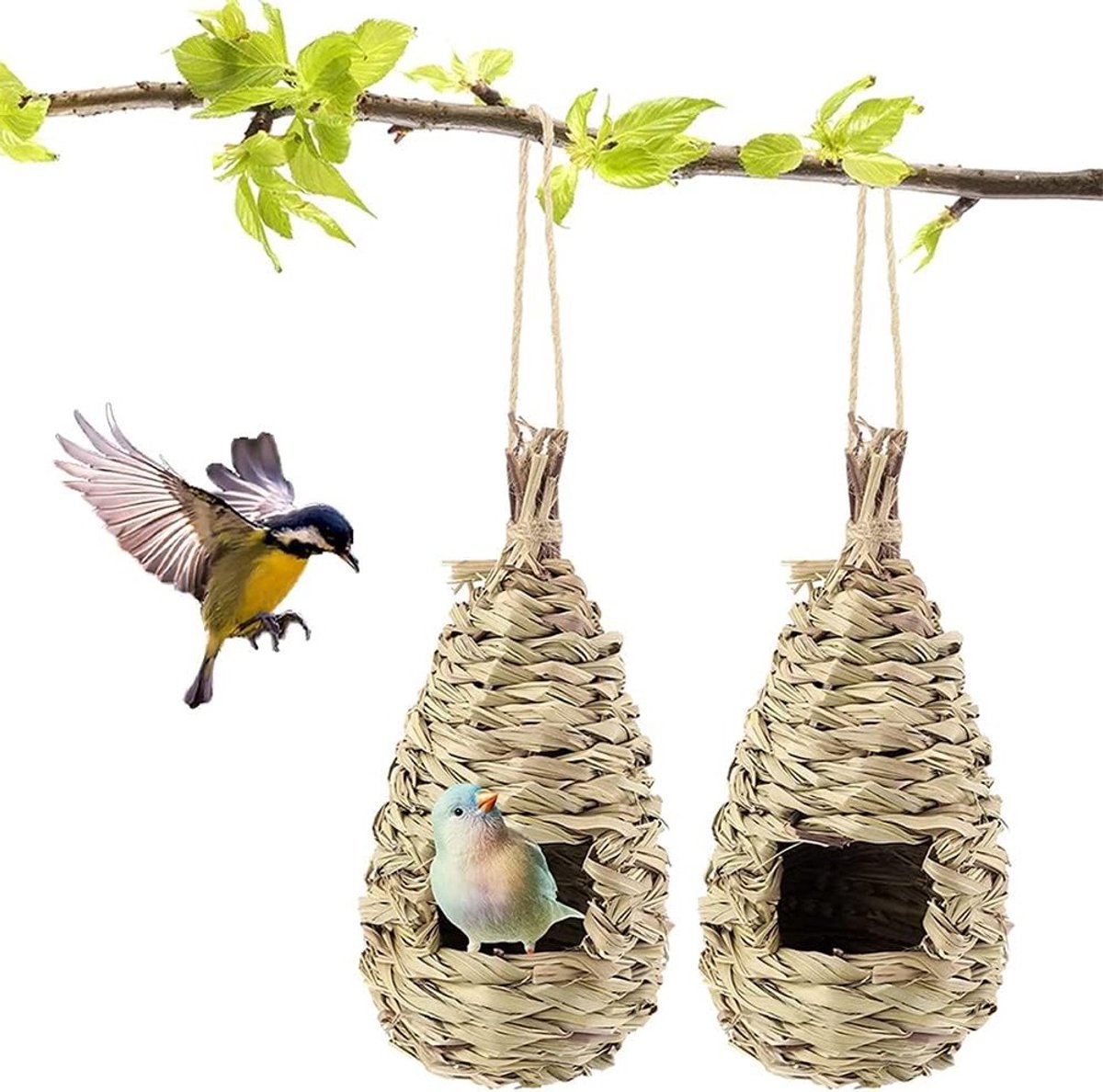 Handgeweven Vogelhuisjes - Duurzame, Hangende Grasnestjes voor Kolibries, Papegaaien en Kleine Vogels - Set van 2