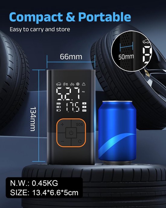 Draagbare Luchtcompressor - Elektrische Luchtpomp 150 PSI - Digitaal LCD Display - Oplaadbare Mini Compressor - LED Verlichting - Voor Auto, Motor, Fiets & Ballen — afbeelding 5