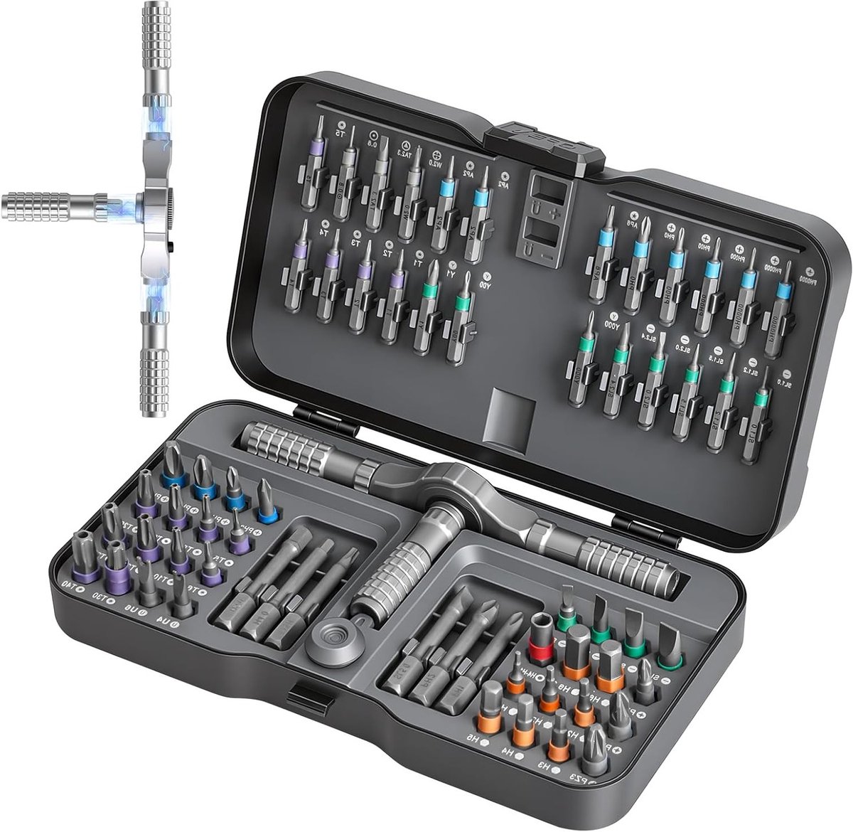 Multifunctionele 66-in-1 ratelschroevendraaierset met S2-stalen bits en magnetische schroevendraaier, ideaal voor meubels, computers en horloges