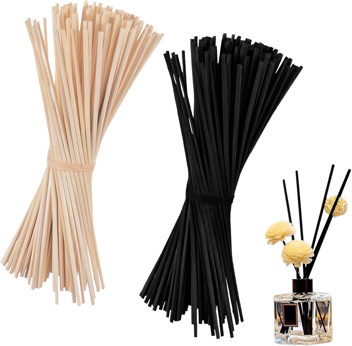 SnelShoppen - Set van 100 Geur Stokken Zwart + Natuurlijk, 20cm x 3mm, Riet, voor Sfeer, Essentiële Olie voor Thuis, Kantoor, Hotel, Spa