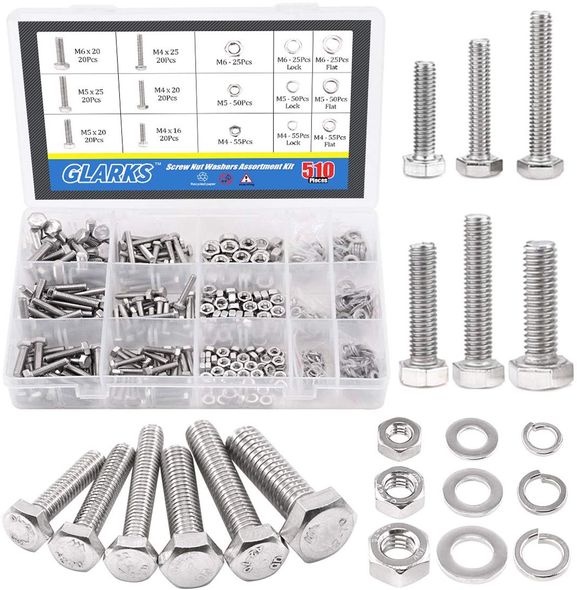 SnelShoppen - 510-delige Set RVS Zeskant Bouten, Moeren, Slot- en Platte Ring Washers - Hoogwaardige 304 Roestvrijstalen Schroeven Assortiment voor Kl