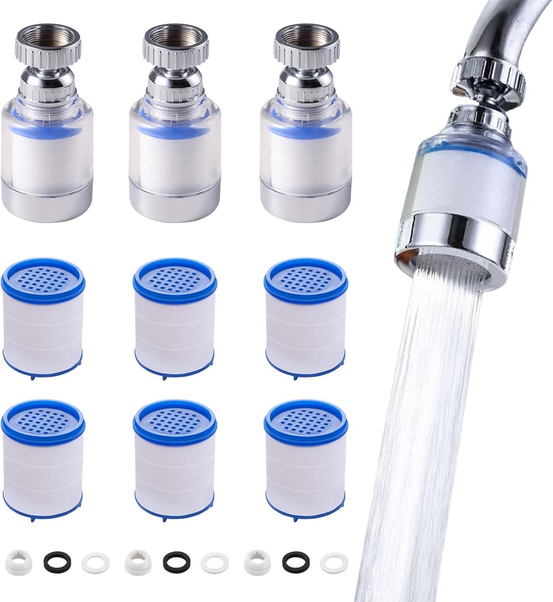 SnelShoppen - Pack van 3 Waterfilters voor Kraan, 360° Draaibaar, Transparant met 6 PP Katoen Filterelementen, Ideaal voor Keuken en Badkamer