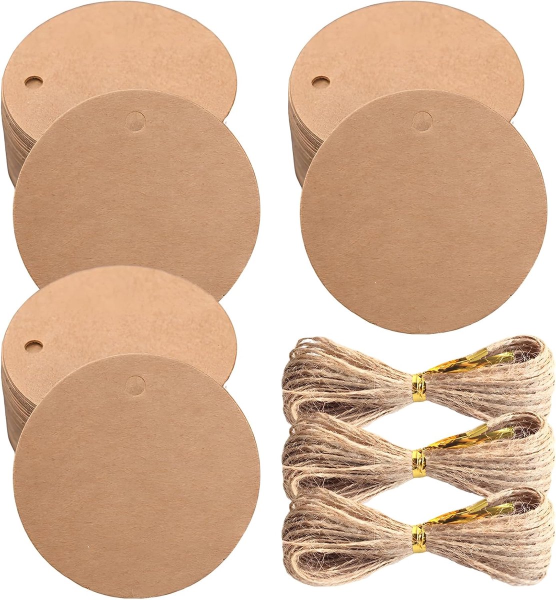 SnelShoppen - 300 Ronde Kraft Papier Labels met 60 m Touw - Gift Tags voor Feesten, Huwelijken, Kerst, Ambachten en Verpakkingen