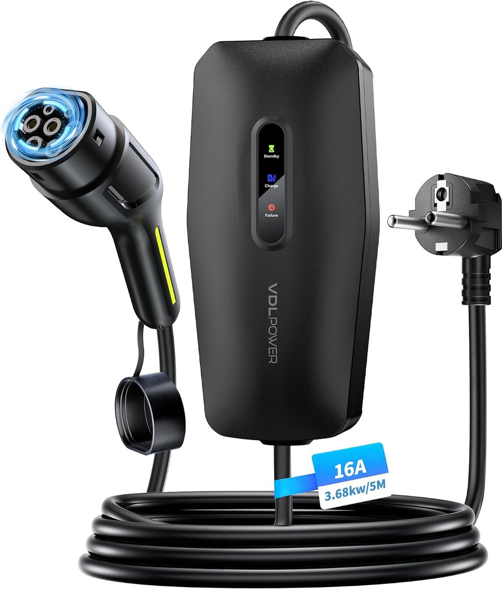SnelShoppen - Draagbare Elektrische Auto Oplader 3.68 kW 16A Type 2 met Schuko Aansluiting IP65 - Geschikt voor Model Y/3, XC60 - 5/8/10/15 m Kabel