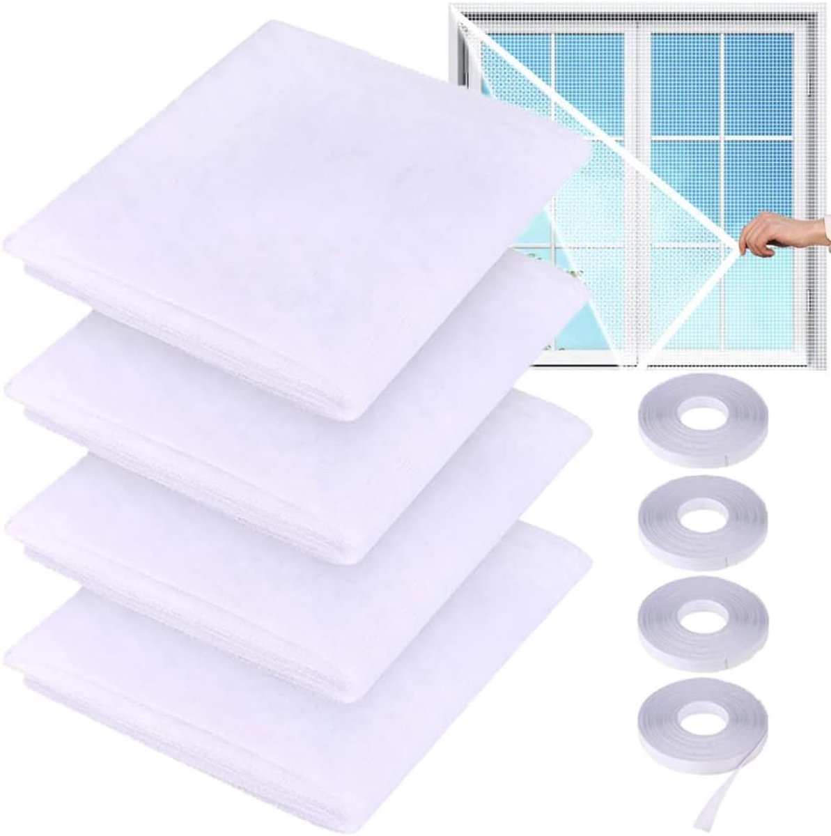 SnelShoppen - Pack van 4 Mosquito Netten voor Raam - Insectbescherming - Vliegenscherm - Fijn Gaas - 1.5m x 2m - Witte Zelfklevende Ramen Zonder Boren