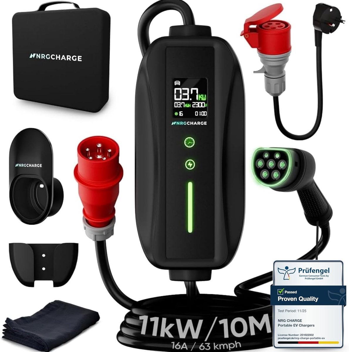 SnelShoppen - Mobile Wallbox 11 kW Type 1 - 10 m Oplaadkabel CEE 16 A - Snellaadstation voor Elektrische Auto - Draagbaar, 3-Fase, Thuis & Onderweg