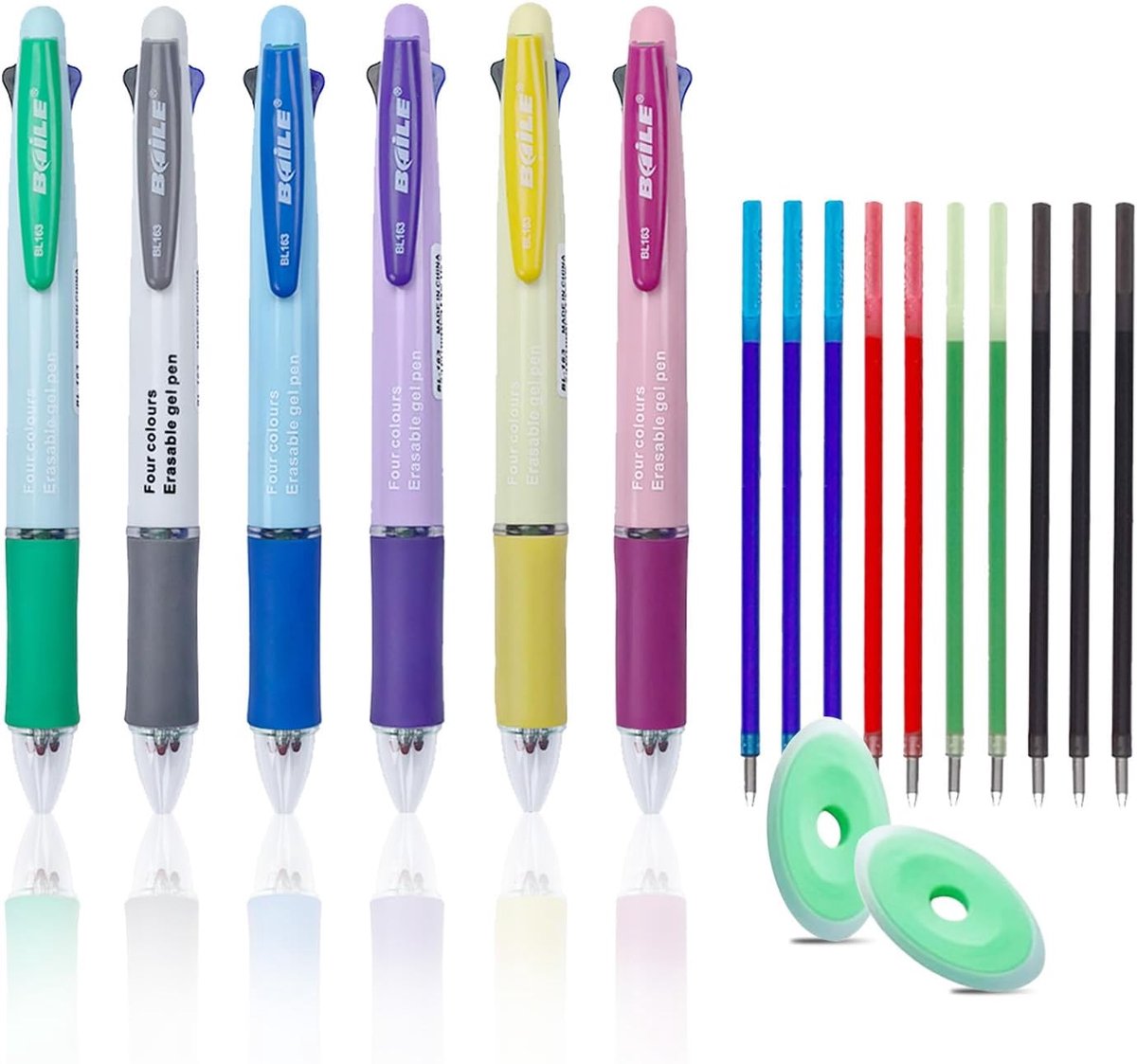 SnelShoppen - 4-in-1 Multicolour Ballpoint Pen met 0.5mm Punt, Retractable Inktpen, 4 Kleuren, 10 Navullingen en 2 Gum, Perfect voor Studenten en Kant