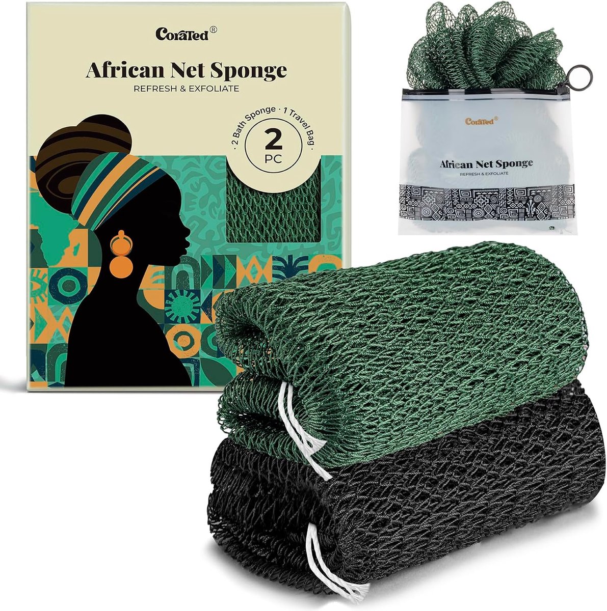 SnelShoppen - 2 Stuks Afrikaanse Net Spons, Exfoliërende Bad Spons voor Diepe Reiniging, Verlengbare Rug Exfoliator in Zwart en Donkergroen voor Douch