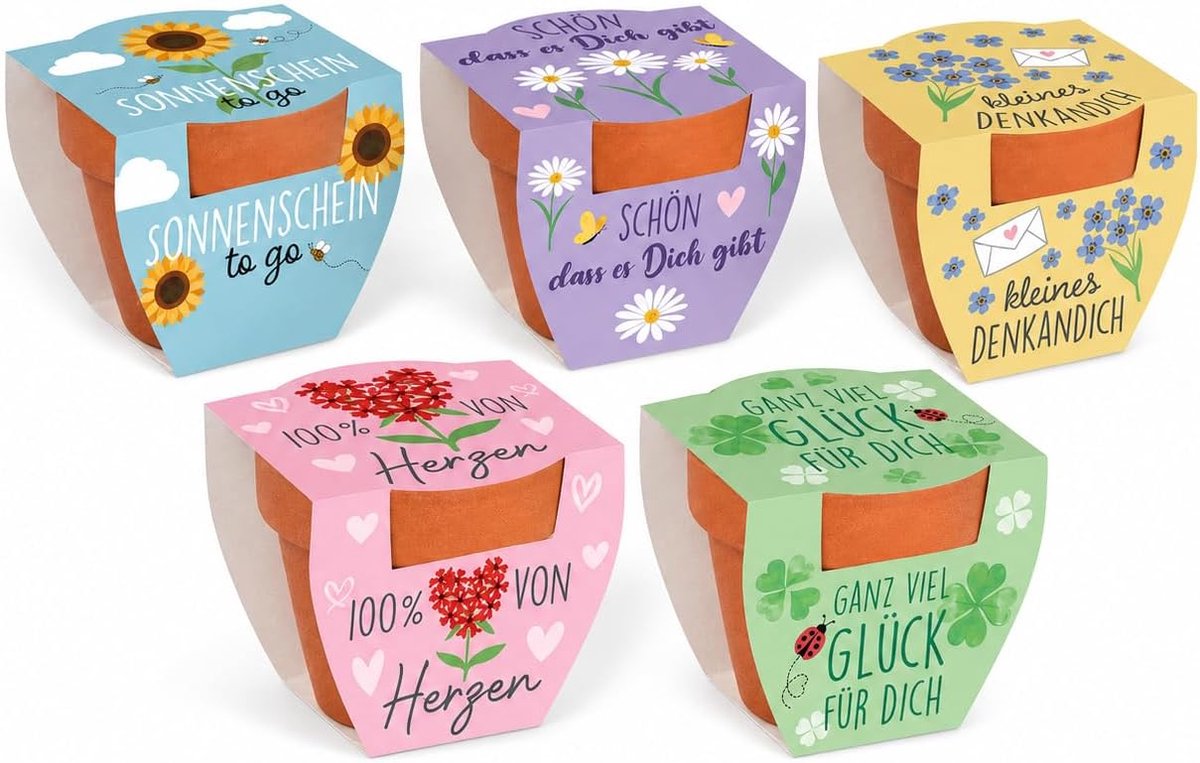 SnelShoppen - Mini-kleipot met bloemenzaden, 5-delige cadeauset voor thuis en op kantoor | Bloemenzaden, Kleilook, Ø 5,5 cm | Zonnebloem, Madeliefje,