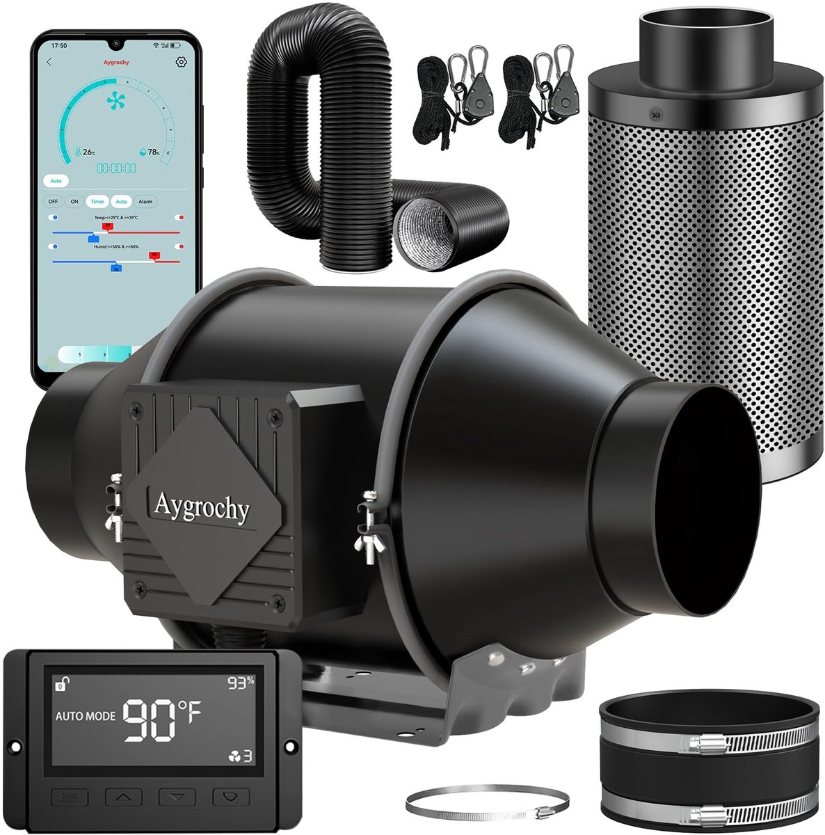 SnelShoppen - Uitlaatventilator kit voor Hydroponische Kassen, 100 mm WiFi Fan met Temperatuur en Vochtigheidscontroller, Actieve Koolfilter en Afvoer