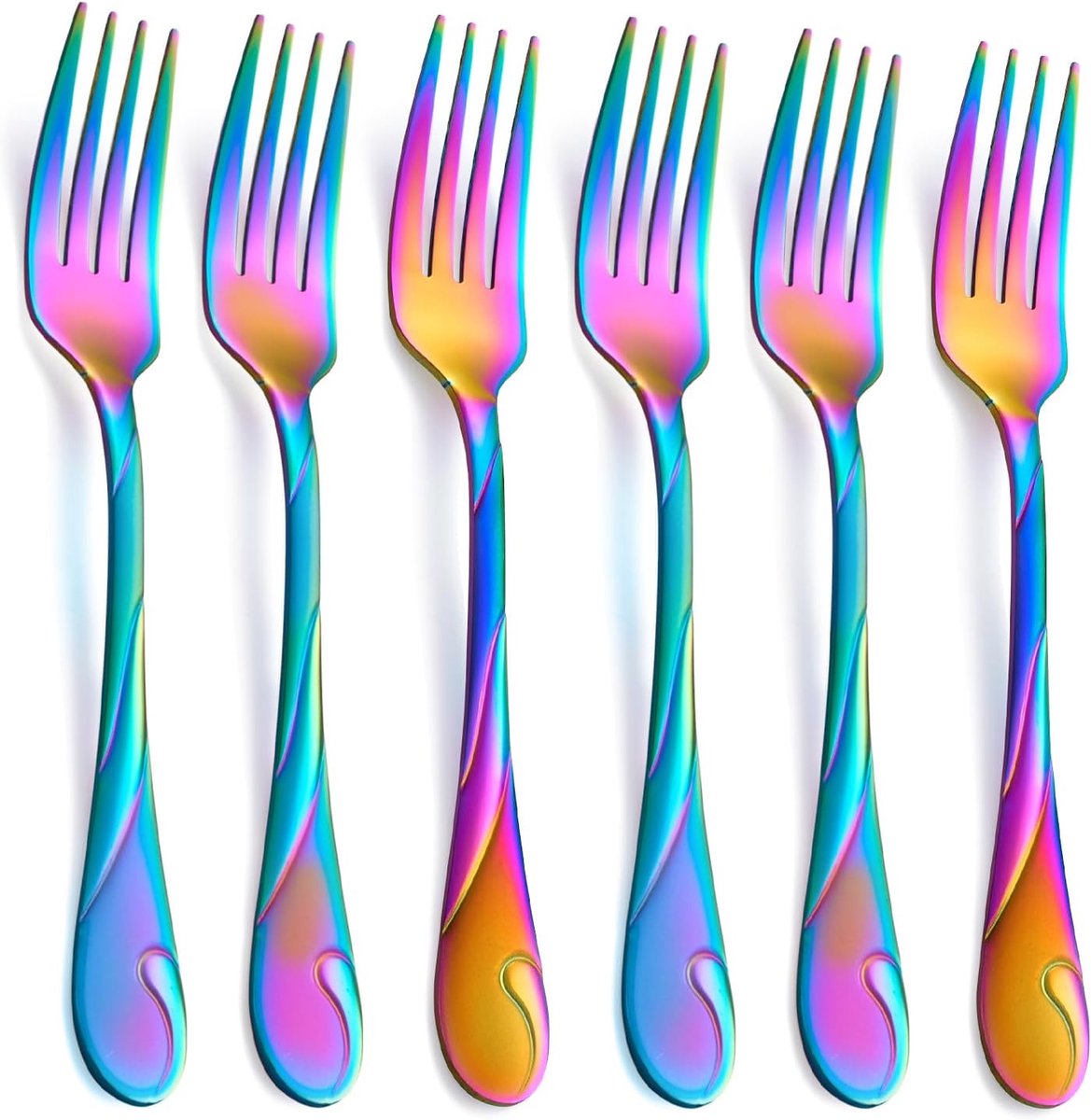 SnelShoppen - Set van 6 Kleurrijke Metaal Tafelvorken - Regenboog Glans - 19.8cm Roestvrij Staal - Duurzaam en Vaatwasserbestendig - Perfect voor Fees