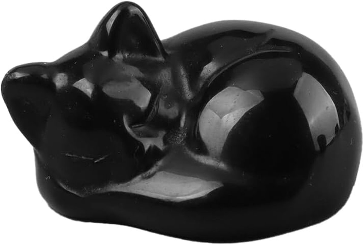 SnelShoppen - Black Obsidian Kat Ornament - Kristallen Slapende Kat - Desk Decoratie - Cadeau voor Dames en Heren - 1pc - Natuurlijke Steen - Symbolis