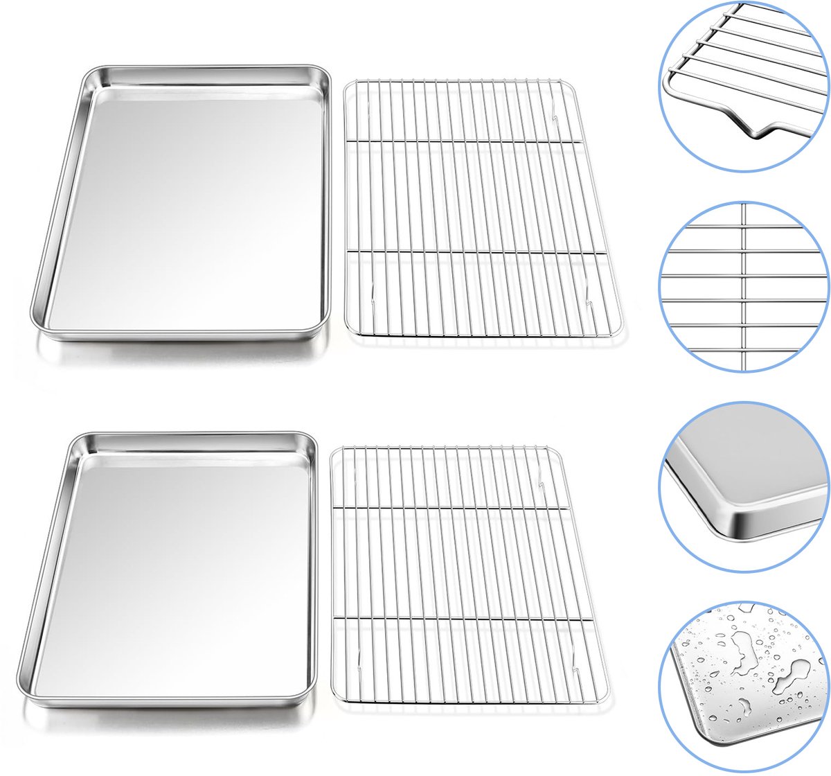 Platte bakvorm - XL + XXL formaat bakvormenset - 4-delige set - Inclusief rooster - Roestvrijstalen bakvorm - Geschikt voor de oven - Multifunctionele bakvorm - Keukengerei - Olieafvoer - Afvoer - Afvoer - Ovenbakvorm