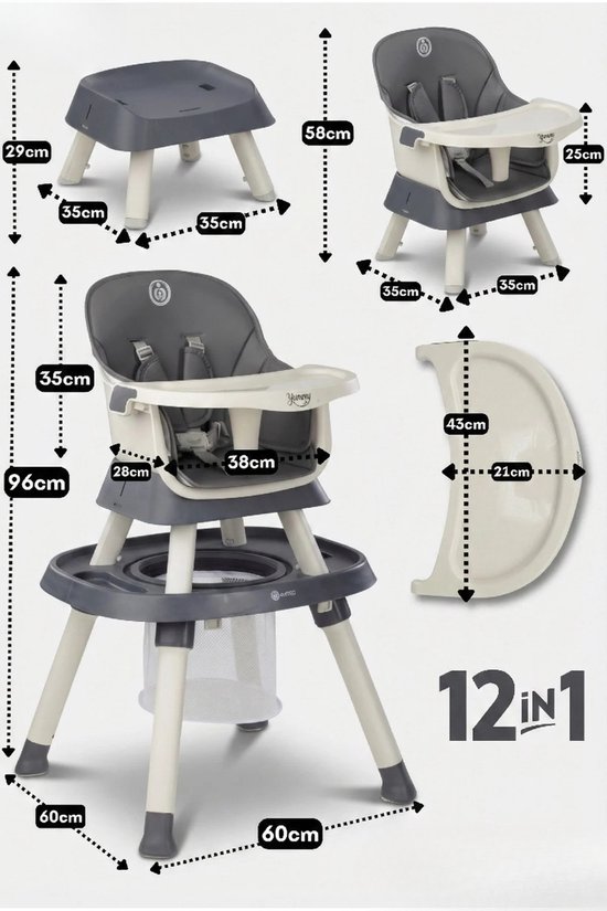 Yummy 12-in-1 Kinderstoel Donkergrijs – Multifunctioneel met Speelblad & Werktafel — afbeelding 2