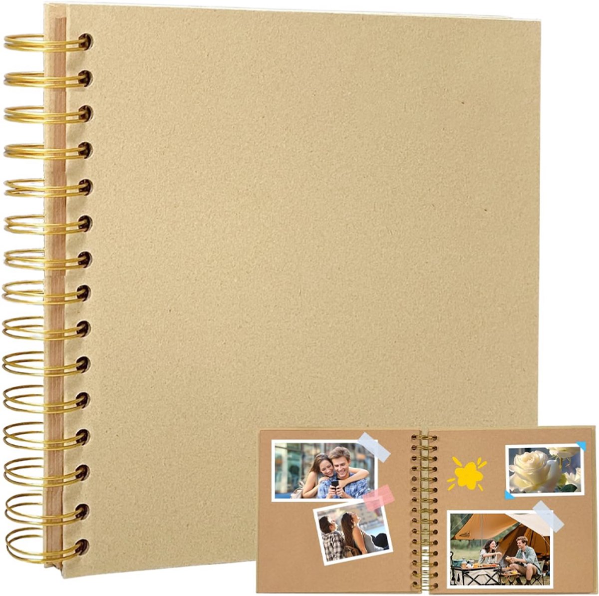 1-pak - Fotoalbum - Spiraalgebonden plakboek - Fotoboek met spiraalbinding - Plakken en schrijven - Kraftpapieren omslag - DIY dagboek - Tekenboek - Geschikt voor het bewaren van foto's en dierbare herinneringen - 20,5*20,5 cm - Khaki