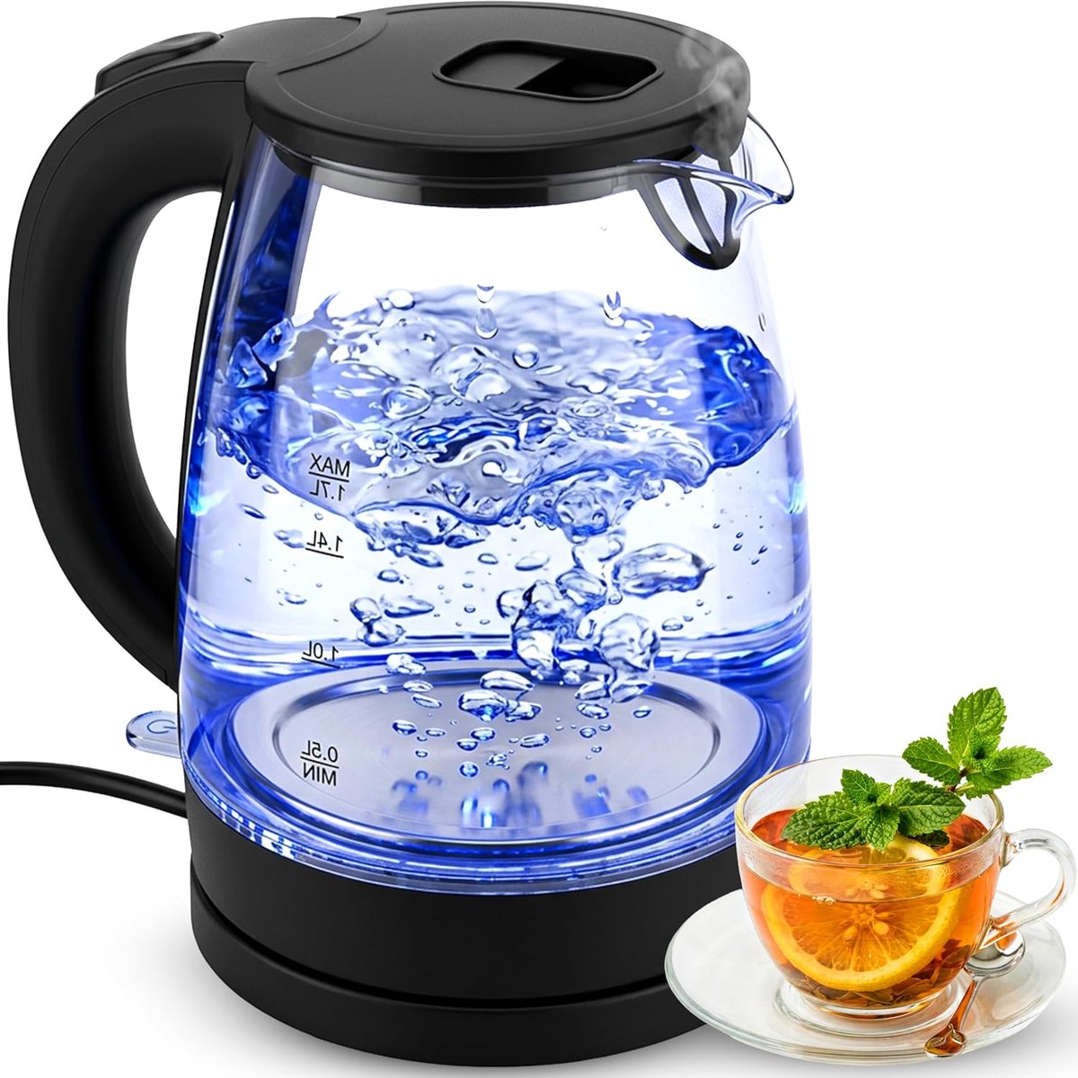 SnelShoppen - Glazen Waterkoker 1,7L 2200W met Flitsverwarming, Blauwe LED Binnenverlichting, 360° Basis, Automatische Uitschakeling, Roestvrij Staal,