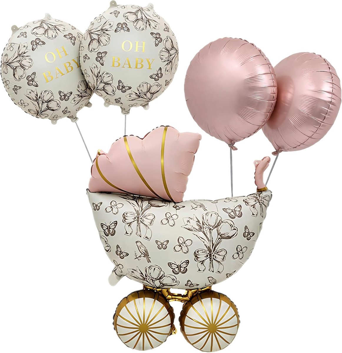 SnelShoppen - 5pcs Baby Shower Decoratie Meisjes Vintage Babywagen Ballonnen - Roze Gouden Aluminium Folie Ballonnen voor Babyshower, Kinderkamer en F