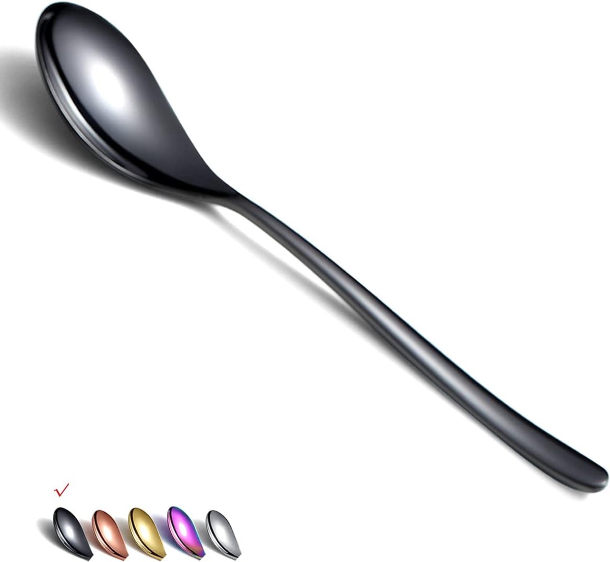 SnelShoppen - Set van 6 Zwarte Tafellepels, 8.1 Inch Grote RVS Soeplepels, Dessertlepels, Bestek voor Thuis, Keuken of Restaurant, Vaatwasserbestendig