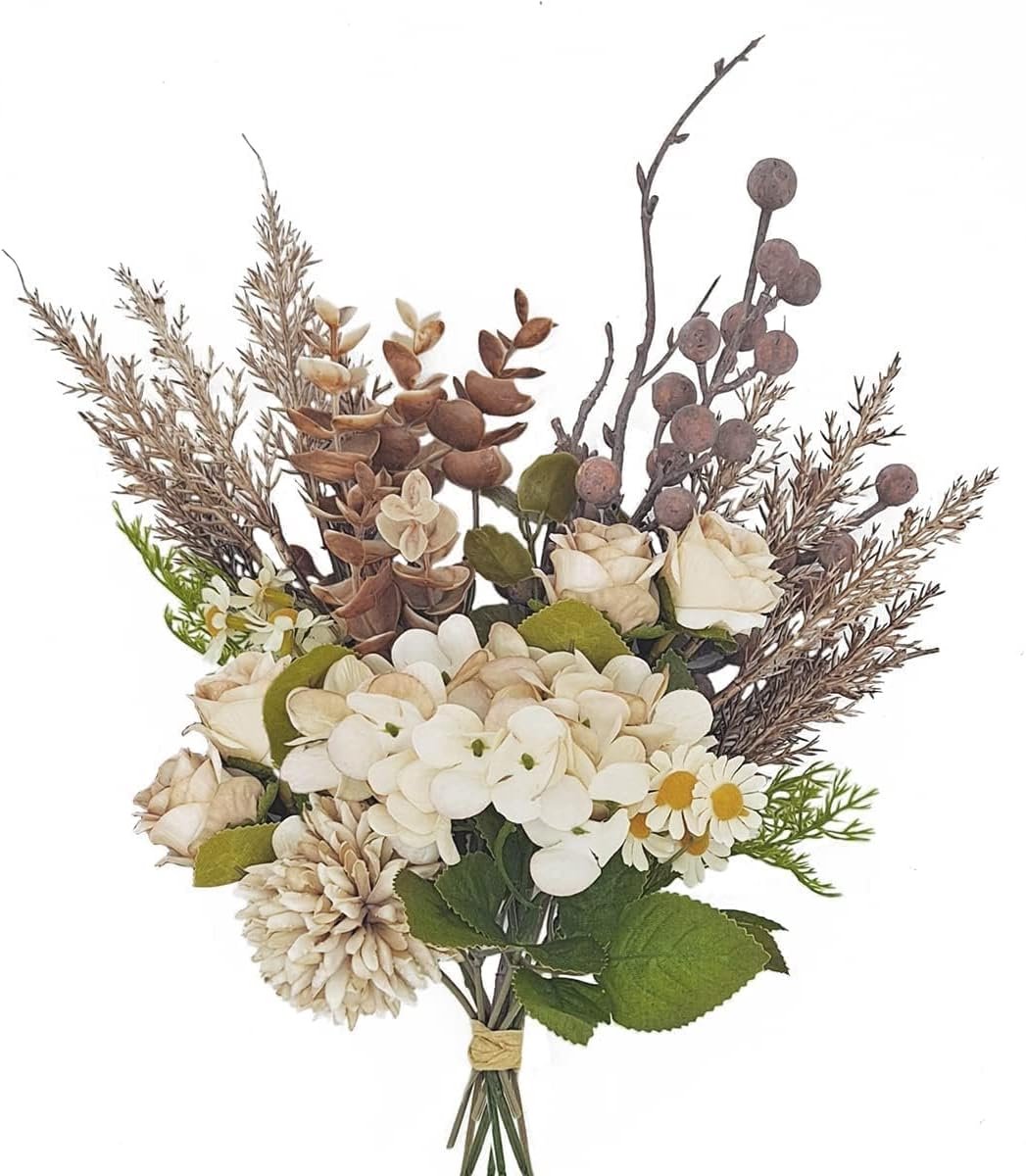 SnelShoppen - 12" Nepp bloemen Boeket met Rozen, Dandelions, Hydrangea, Madeliefjes, Eucalyptus en Bladeren - Kunstbloemen voor Decoratie, Feest, Tuin