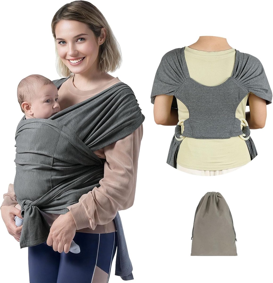 SnelShoppen - Baby Sling voor Pasgeborenen, Zacht, Lichtgewicht, Donkergrijs, Ergonomisch, Ademend, Verstelbaar, Ideaal voor Wandelen en Dagelijks Geb