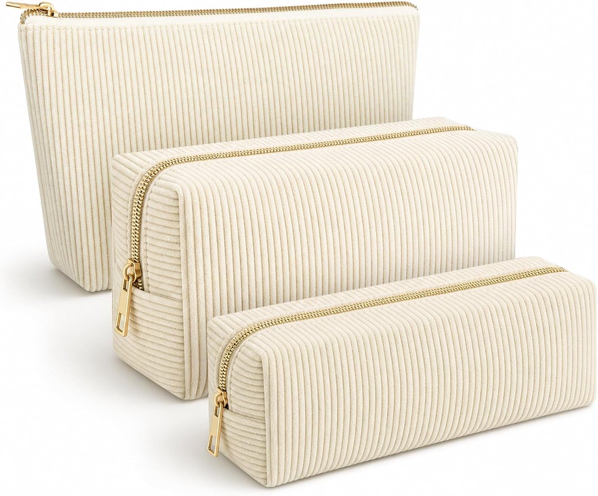 SnelShoppen - 3-delige Make-uptas Set voor Dames van Corduroy Fluweel met Ritssluiting - Beige Toilettassen voor Reizen, Organisatie en Cosmetica - 3