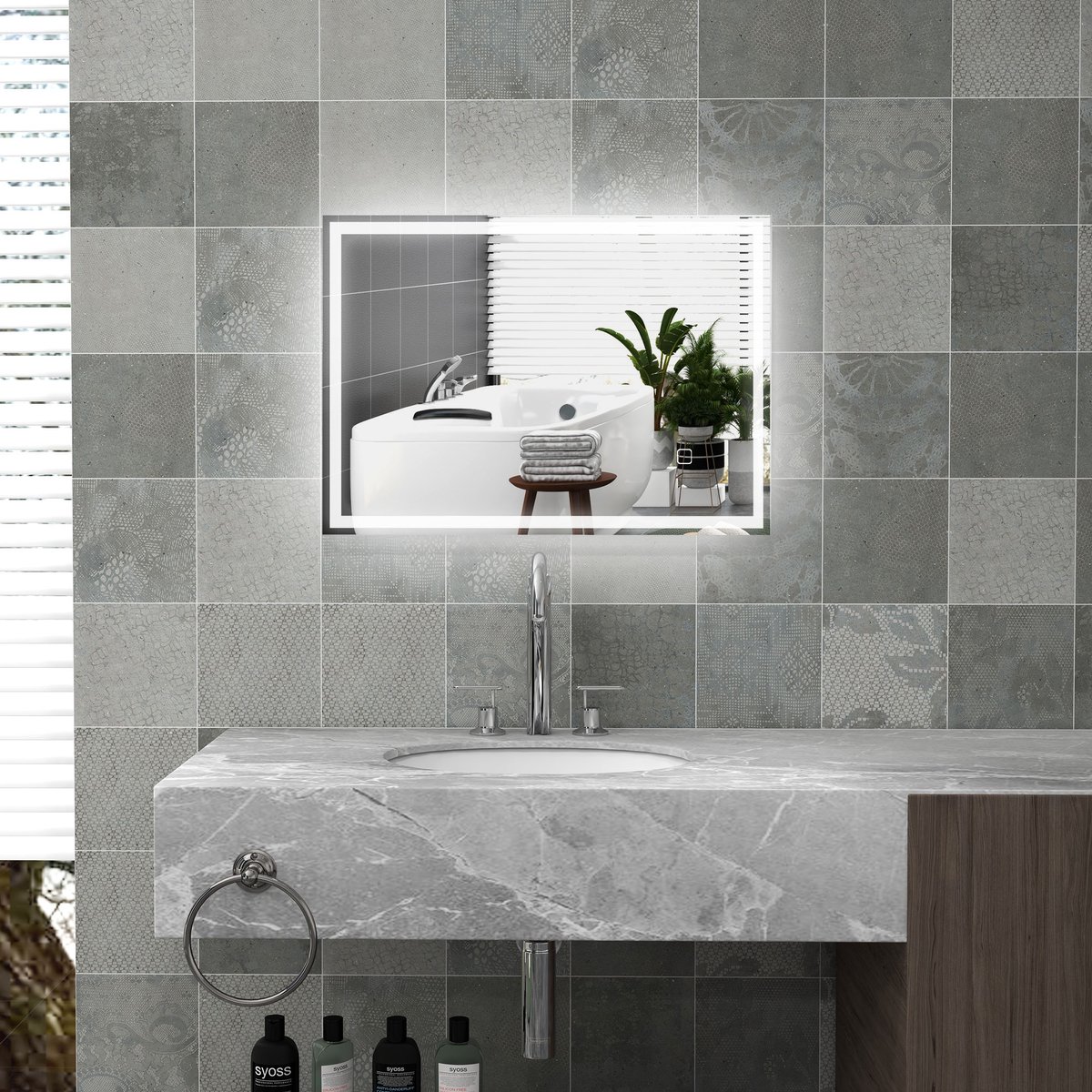 COVREO Badspiegel 50x70 cm zilver glas met LED, touchschakelaar, IP44 en wandmontage