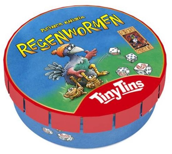 Reiner Knizia Regenwormen Tiny Tins dobbelspel in blauw blik met vogel en wormen.