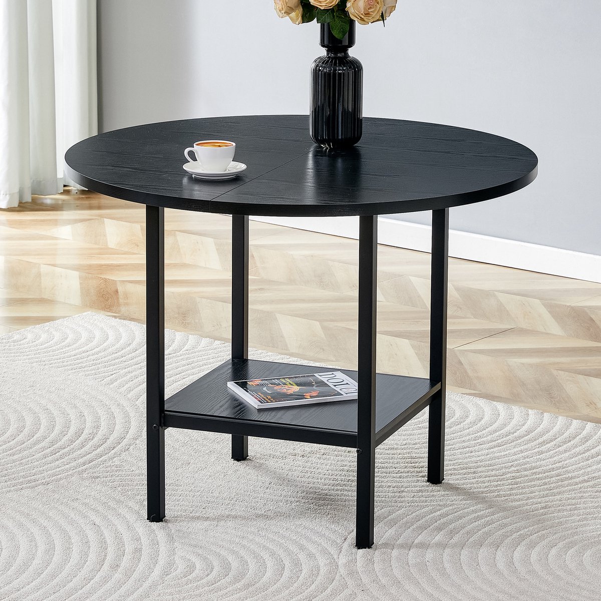 MODENUIT Eettafel - Ronde Tafel Met Opbergrek - Voor Keuken En Eetkamer - MDF Metaal - 100x77 Cm - Zwart