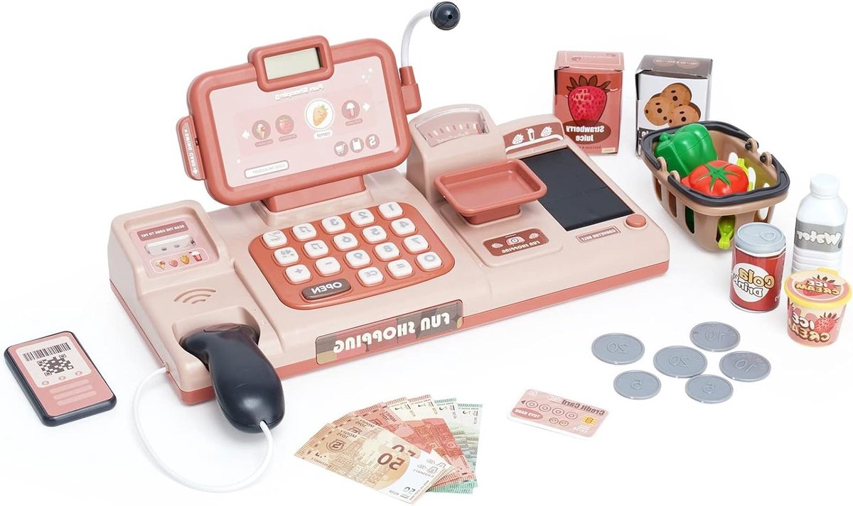 Speelgoed Kassa voor Kinderen - Supermarkt Speelset met Scanner, Geluid en Winkelmandje - Perfect Cadeau voor Peuters en Kleuters van 3 Jaar en Oudere, Roze