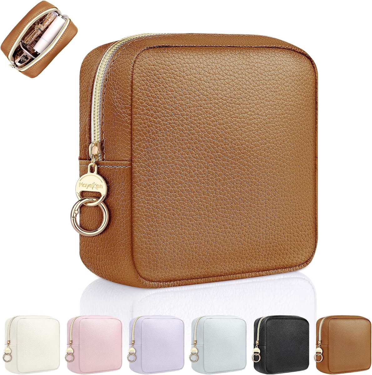 SnelShoppen - Makeup Bag Klein voor Vrouwen - PU Lederen Cosmeticatas - Waterdichte Clutch voor Reizen - Handige Make-up Organizer - Bruin - Perfect v