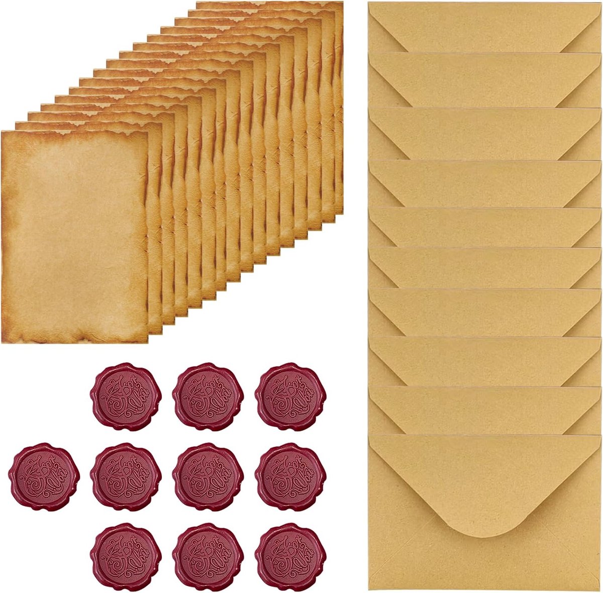 SnelShoppen - Vintage Schrijfpapier met Enveloppen Set, Kraft Papier Enveloppen, 16 A5 Briefpapier, 10 Vintage Enveloppen en 10 Wax Seal Stickers voor
