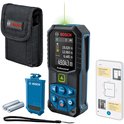 Bosch Professional GLM 50-27 CG laserafstandmeter met groen display, etui, batterijen en app-weergave.