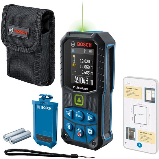 Bosch Professional GLM 50-27 CG laserafstandmeter met groen display, etui, batterijen en app-weergave.