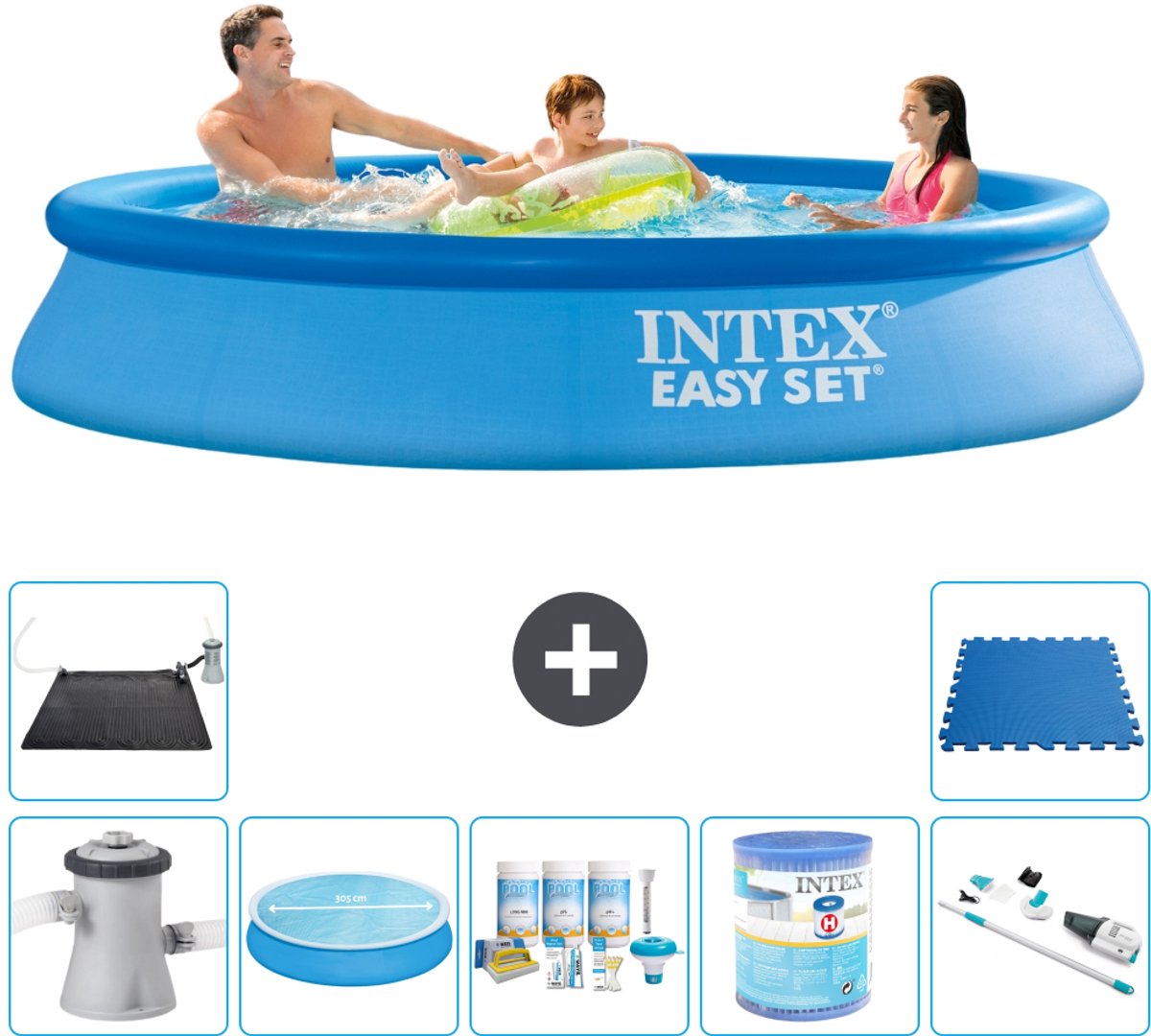 Intex Rond Opblaasbaar Easy Set Zwembad - 305 x 61 cm - Blauw - Inclusief Pomp - Solarzeil - Onderhoudspakket - Filter - Stofzuiger - Solar Mat - Vloertegels - 8-delig