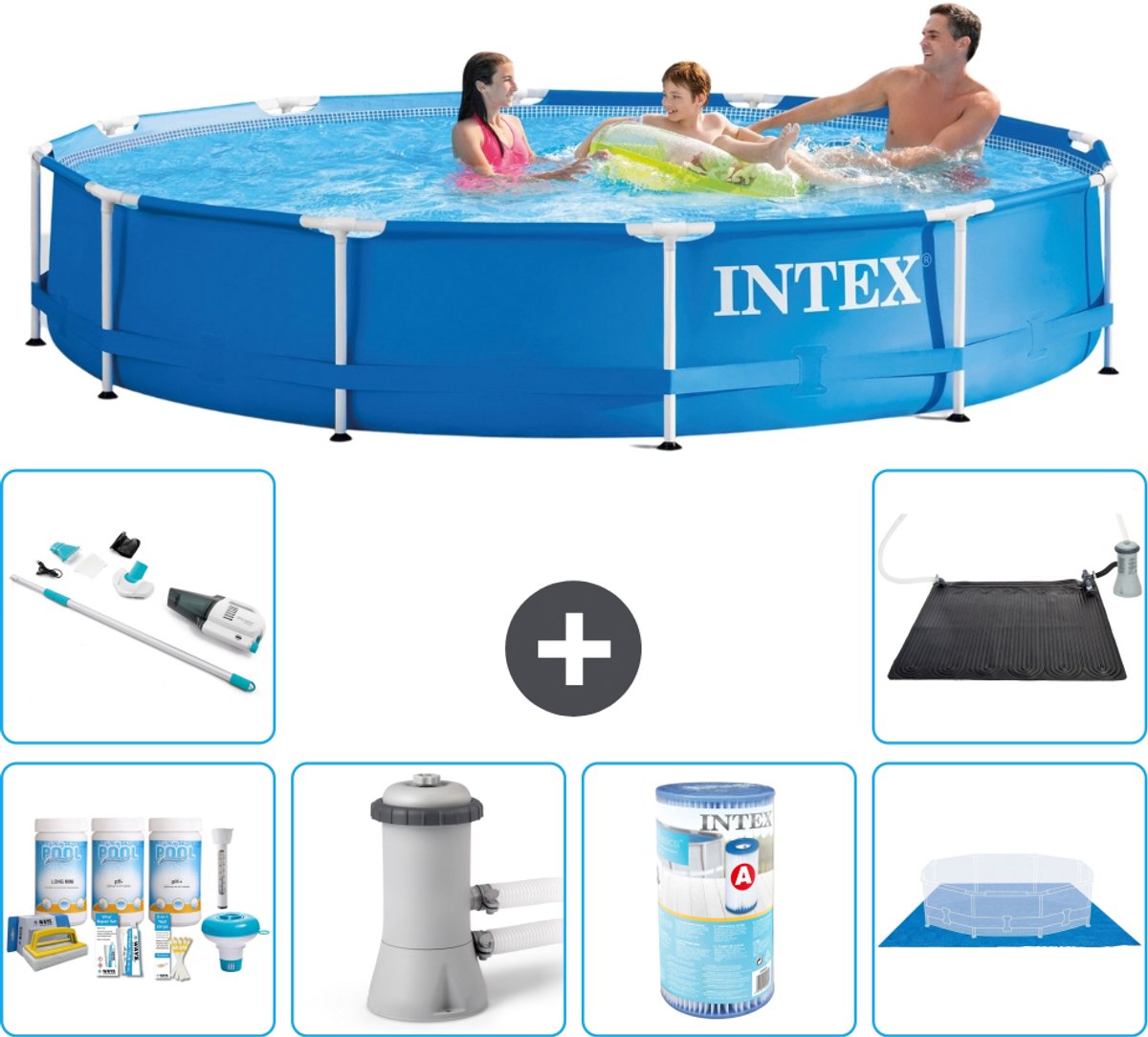 Intex Rond Frame Zwembad - 366 x 76 cm - Blauw - Inclusief Onderhoudspakket - Zwembadfilterpomp - Filter - Grondzeil - Stofzuiger - Solar Mat - 7-delig