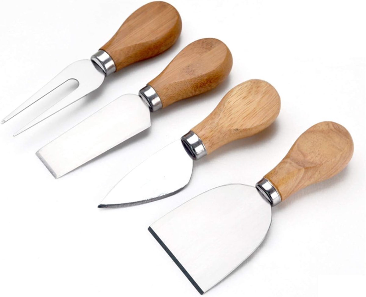 SnelShoppen - Cheese Knife Set - RVS Mini Kaasmesjes met Houten Handvat - 3 Stuks + Kaasvork - Perfect voor Feest, Keuken, Salades en Taarten